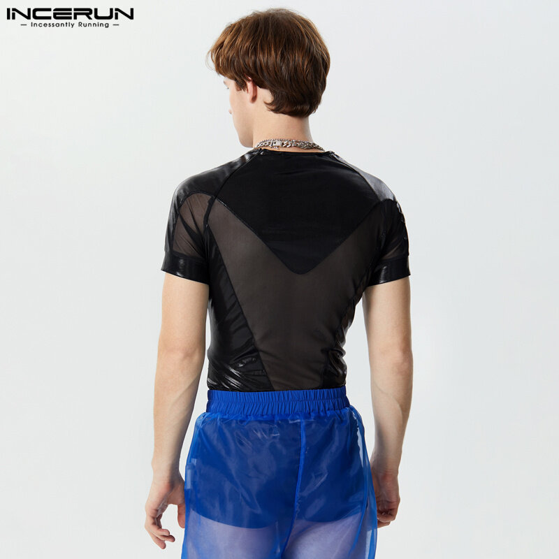 2024 Men's Bodysuits Mesh Patchwork Shiny Transparent O-neck Short Sleeve Male Rompers Streetwear Fashion Bodysuit S-3XL INCERUN