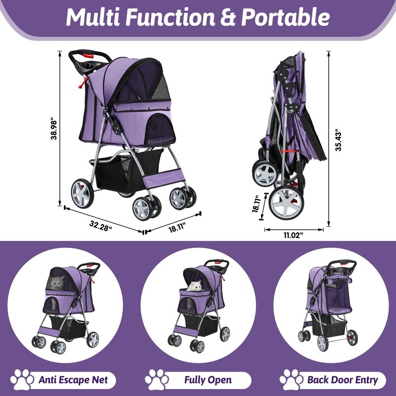 Фиолетовая 4-х колесная Складная коляска для собак и кошек средних/маленьких домашних животных, прогулочная коляска