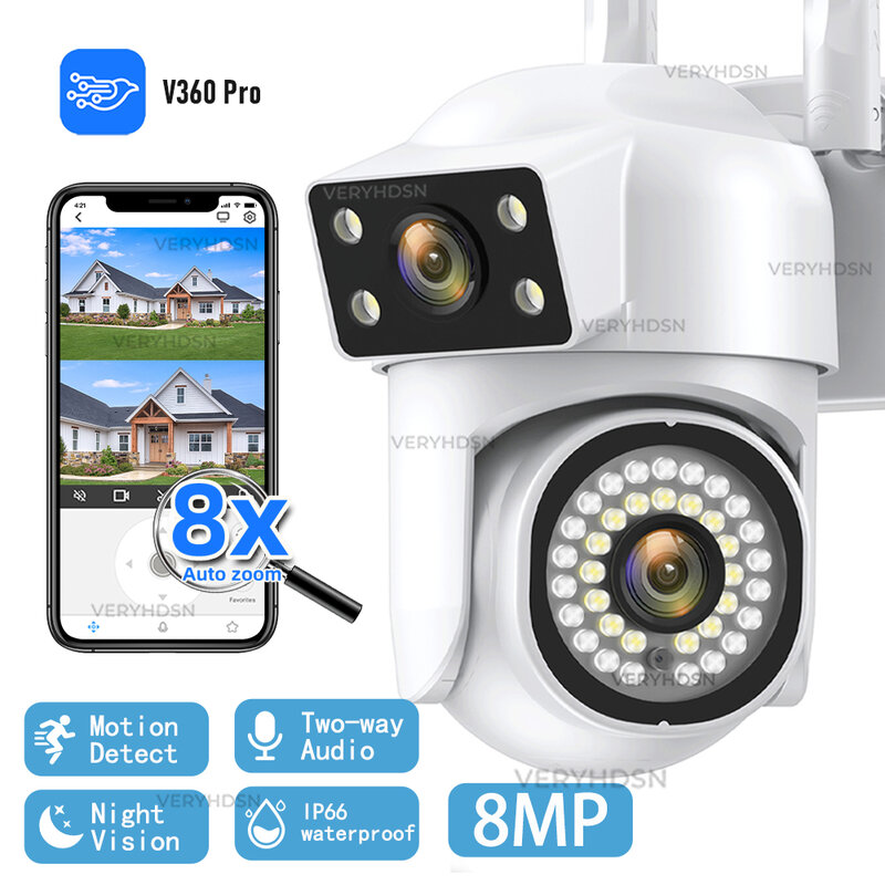 Kamera pengawas WIFI IP 4K 8MP, kamera HD PTZ lensa ganda CCTV 8X Zoom Digital Tracking manusia otomatis luar ruangan IP66 tahan air