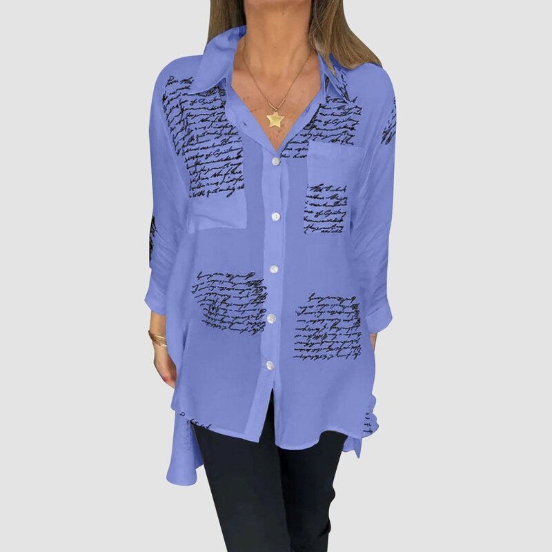 Camisa con solapa y estampado de letras para mujer, blusa Vintage de manga larga, holgada e Irregular, primavera y verano, 2024
