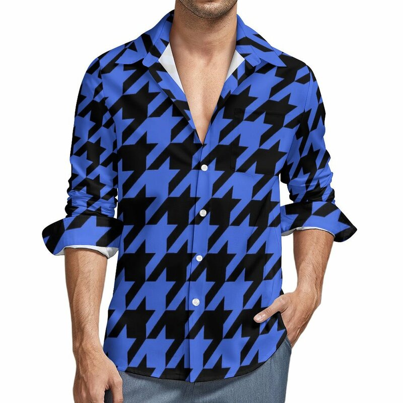 Blue Houndstooth Blouse Mens Vintage Print Shirt Long Sleeve Vintage Stylish Casual Shirts Spring Graphic Clothing Plus Size