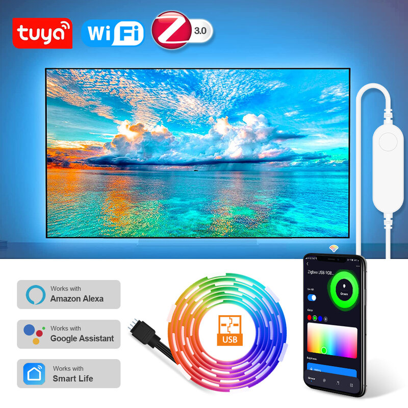 Loginovo-Tuya WiFi USB LED Strip Light, Zigbee Strips Tape, Smart TV Backlight, funciona com Alexa Amazon, Google, RGBW, RGBWW, Zigbee