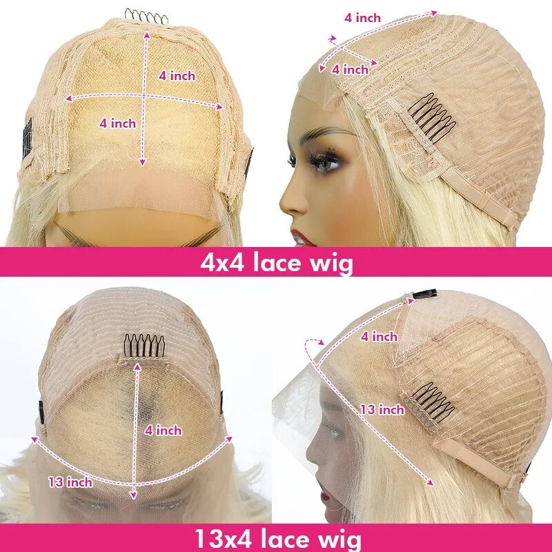 Perruque Bob Lace Front Wig naturelle blonde, cheveux humains, 13-4-613, pre-plucked, Wiltshire, noeuds achis, paquet lisse