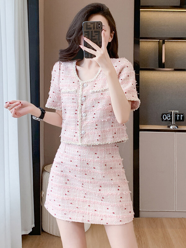 High Quality 2024 Small Fragrant Two Piece Set Women Tweed Sweet Pink Short Sleeve Jacket Coat + Mini Skirts Elegant Outfits