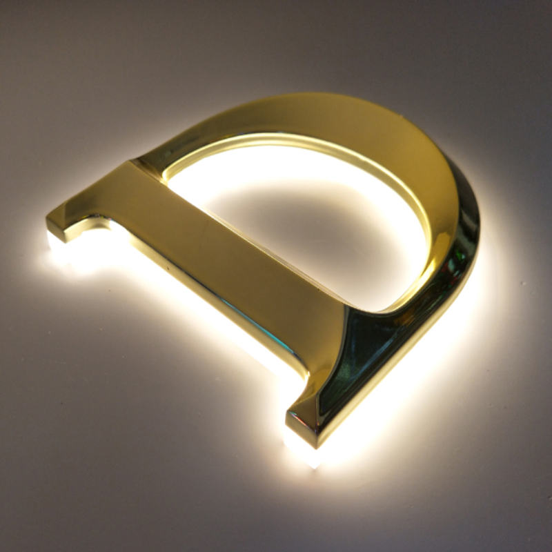 Letreros de nombre de tienda LED con letras doradas de acero inoxidable, letreros de negocios con iluminación trasera 3D para exteriores, hechos a medida, logotipo