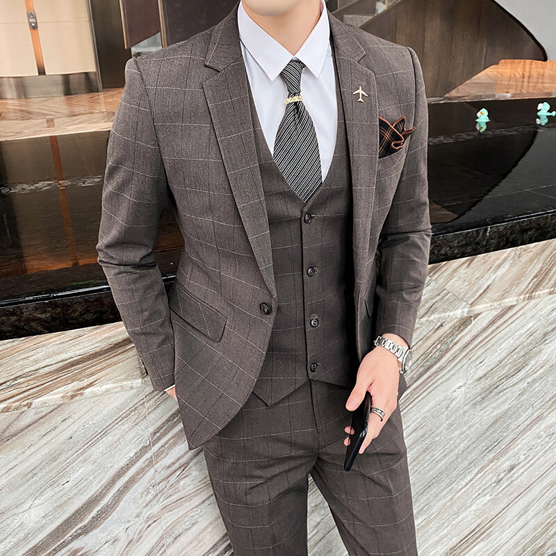 (Jaqueta + colete + calças) xadrez britânica terno masculino jaqueta terno terno masculino magro smoking jaqueta calças formal jantar/noivo vestido de casamento