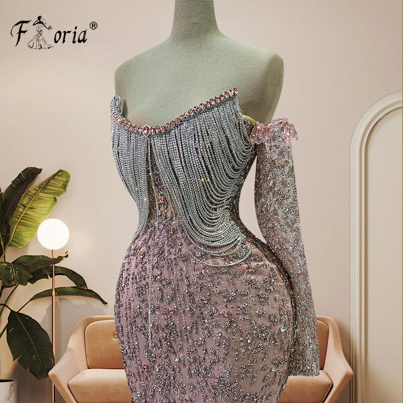 Sparkly Couture Pink Sequin Formal Evening Dress One Shoulder Sleeve Tassels Crystal Beads Mermaid Celebrity Party Dresses Prom
