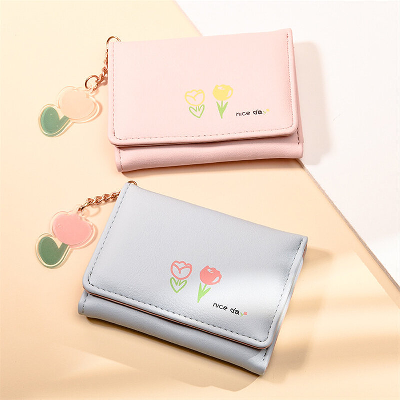 Women's Short Buckle Coin Purse, Tulip Pattern, Fashion Multi-slot Wallet with Chain, WOMEN'S Compact Handy Bag