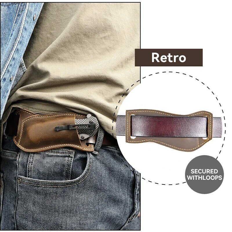 RIYAO-funda para Cuchillo de Damasco táctico Vintage para hombre, soporte para cinturón, cuero genuino, Horizontal, plegable, funda de bolsillo
