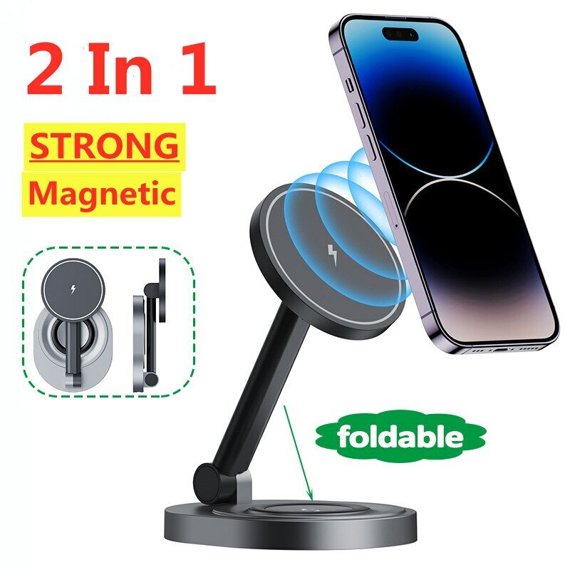 2 In 1 Magnetic Wireless Charger Stand Pad Foldable Fast Charging Station Dock For iPhone 15 14 13 Pro Max Mini Airpods Pro 2/3