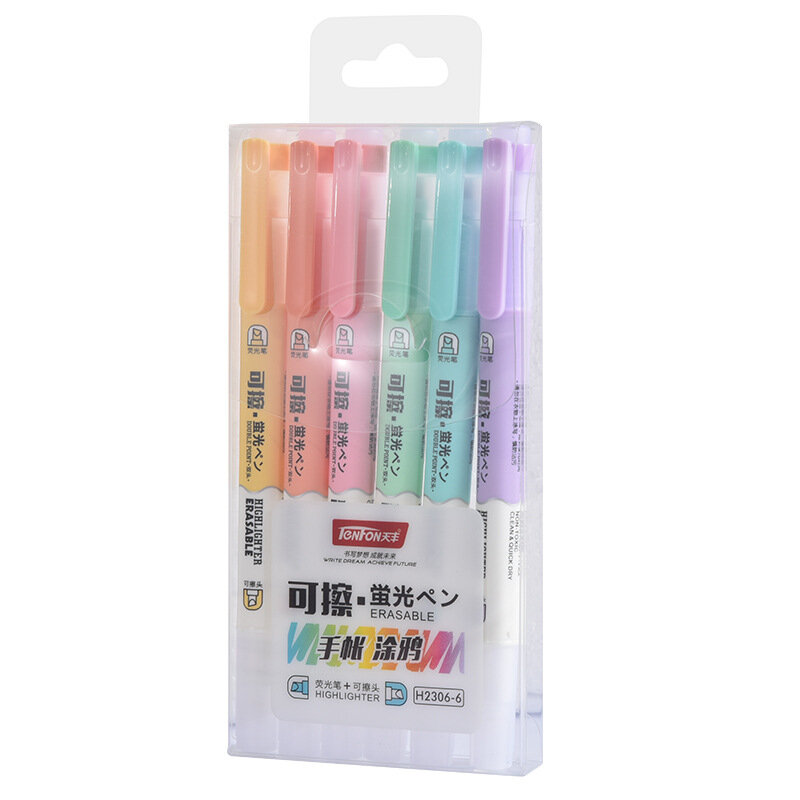 6Pcs/Box Erasable Double Head Highlighters Art Markers Highlighter Pen Fluorecent Pen School Supplies Office Chalk Marker