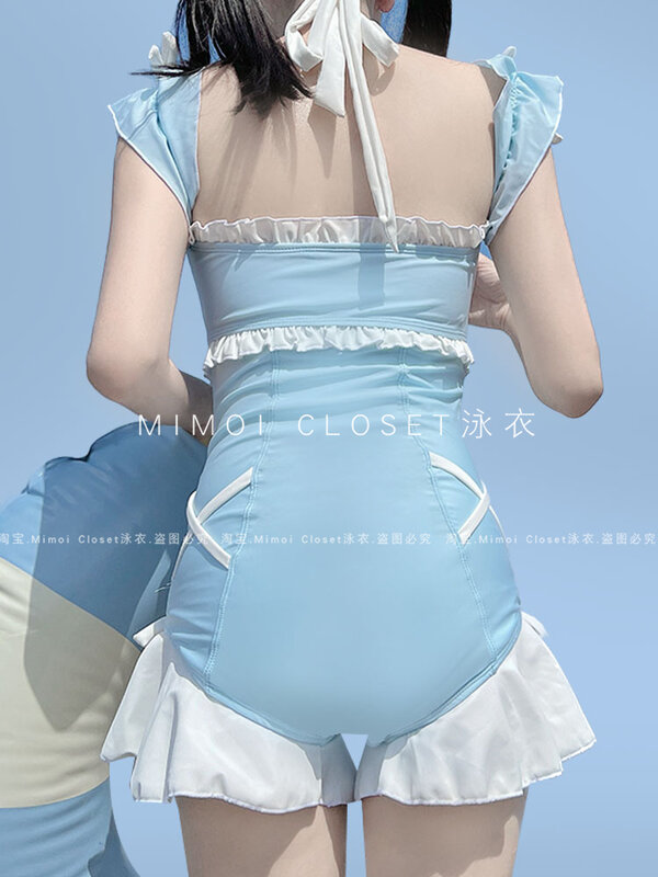 Pakaian mandi wanita 2024 musim panas baru gaya Jepang Lolita busur gadis lucu biru baju renang melayang jahitan Halter baju renang mandi