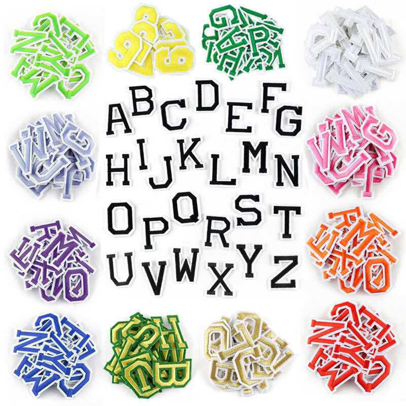 26pcs Farben Stickerei Patch Set DIY Englisch Buchstaben Alphabet Aufkleber Eisen auf Patches Kleber Stoff Stoff Tasche Hut Zubehör