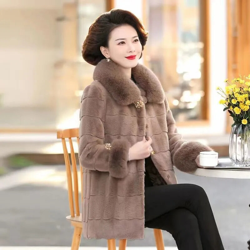 Middle-aged and Elderly Danish Mink Jacket Autumn Winter Wear Women Wide Wife 2023 New Mother's Mink Coat Noble Woolen Top Thick