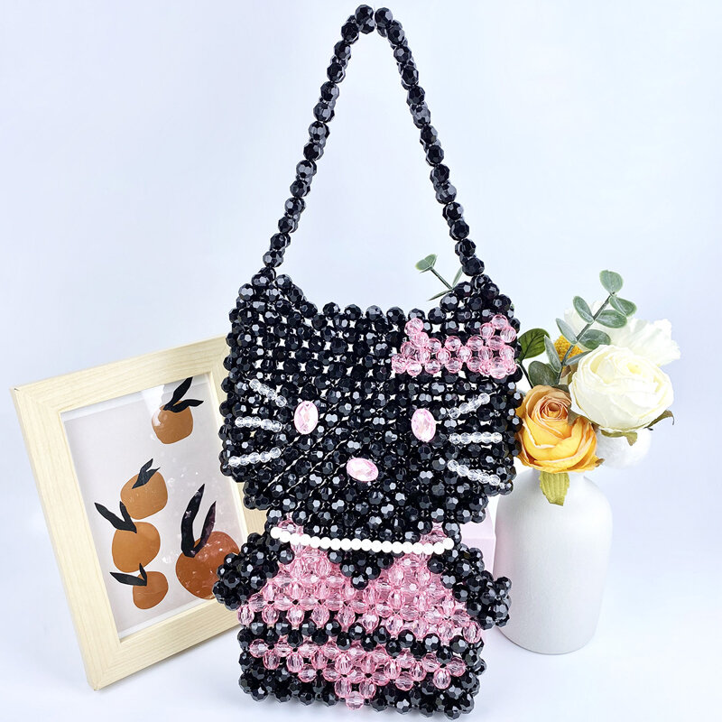 Handmade Beads Bags For Women Luxury Designer Handbags And Purses 2024 New In Fashion Weave Hollow Out Cute Cartoon Shoulder
