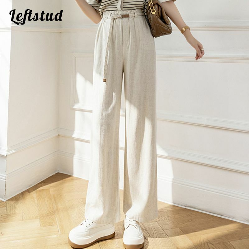 Pantalones rectos de algodón y lino para mujer, pantalón de pierna ancha de cintura alta elástica, a la moda coreana, longitud completa, 2022