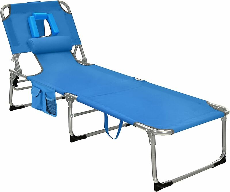 Fotel opalający GYMAX, składany krzesło plażowe z otworem na twarz, regulowane oparcie, boczna kieszeń i uchwyt do przenoszenia