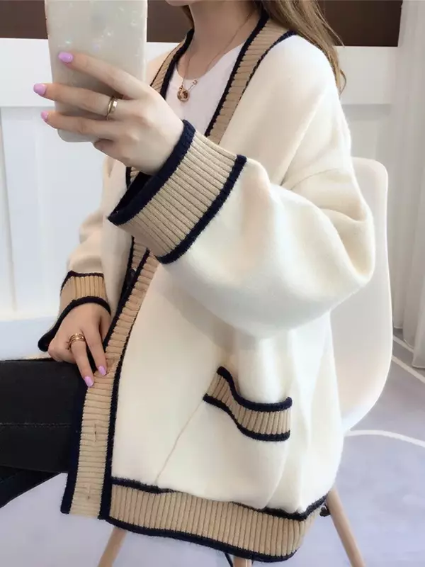 Suéter blanco de punto grueso para mujer, de gran tamaño cárdigans, moda coreana, manga larga, invierno, ZL11