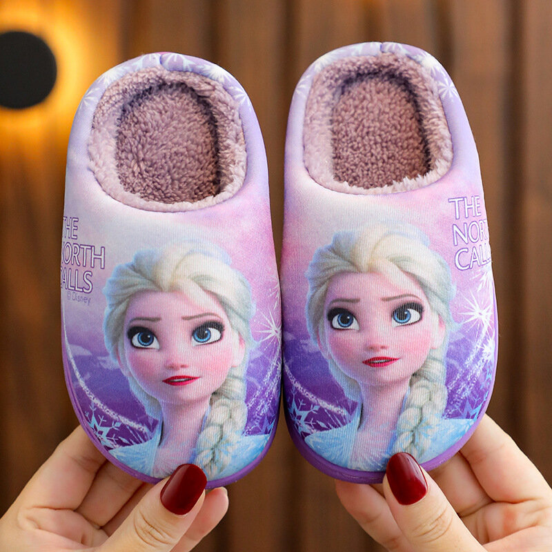 Chinelos infantis de algodão congelado da Disney, princesa Elsa, sapatos quentes para crianças, apartamentos para bebês, inverno, novos, tamanho 24-35