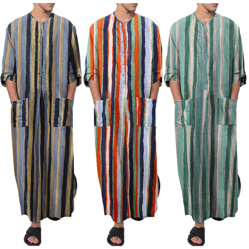 Bata étnica para hombre, caftán musulmán de manga larga a rayas, Vintage, cuello redondo, botones, Islam Thobe, bolsillos, ropa árabe musulmana de Dubái