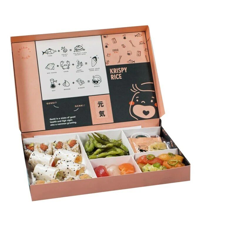 Fiambrera para llevar Sushi, producto personalizado, caja para llevar Sushi japonés con divisor, papel Biodegradable de grado alimenticio, dispositivo personalizado