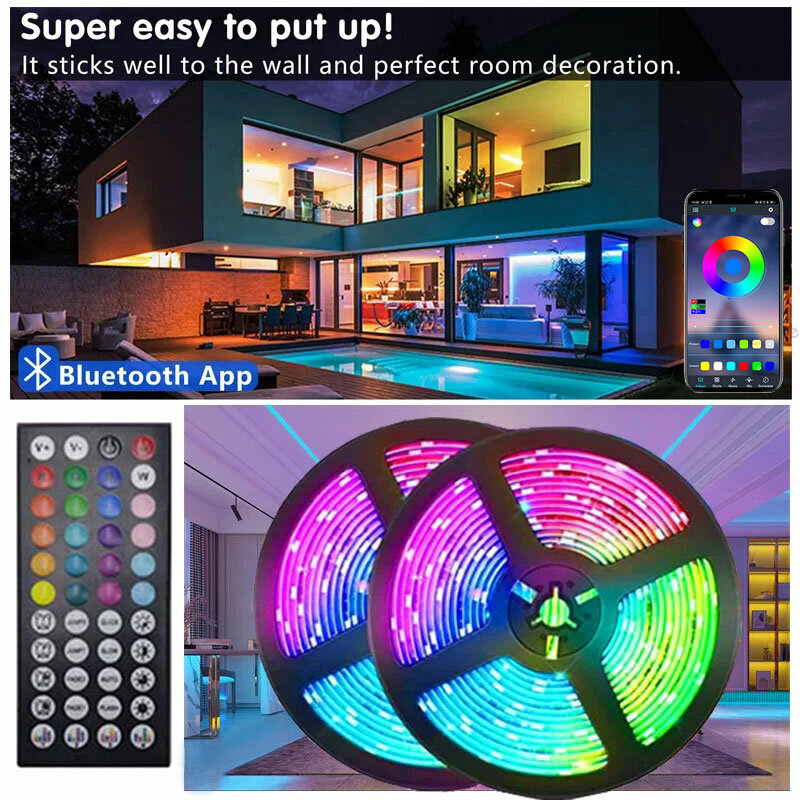 RGB LED Strip Lights Cadeia, Backlight Tape, Ice String, Wifi, Wall Room Ribbon Band, Bluetooth 5050, USB, 5V, 5m, 10m