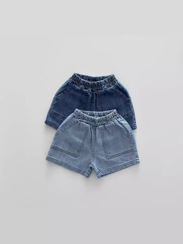 Celana pendek Denim bayi baru musim panas 2024 Jeans pendek Fashion balita laki-laki bayi perempuan saku besar celana pendek kasual serbaguna