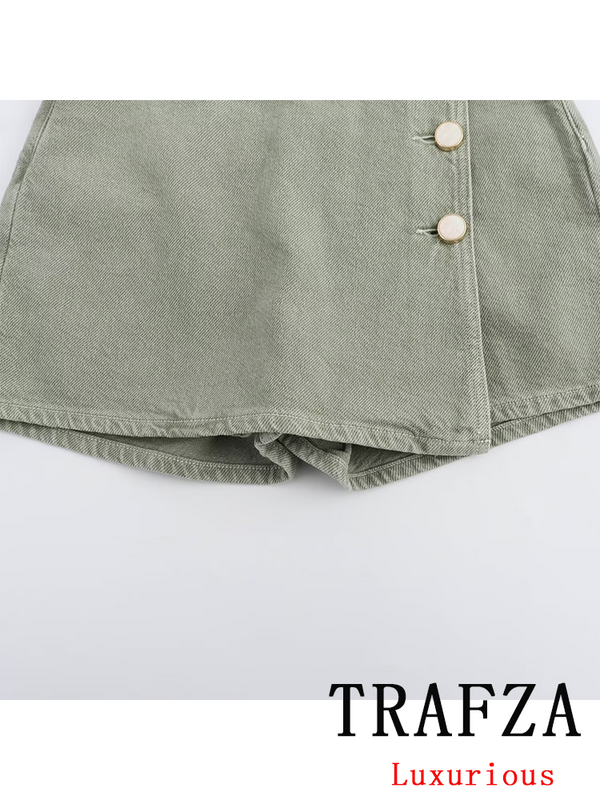 TRAFZA-تنورة شورت جينز كاجوال عتيقة للنساء ، موضة أنيقة ، أحادية اللون ، سحاب ، أزرار ، الصيف ، من TRAFZA