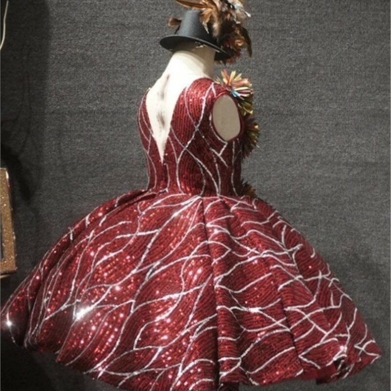 Sukienka dziecięca wino czerwone krótkie dla dziewcząt stroje pokaz mody gospodarza bankietowego