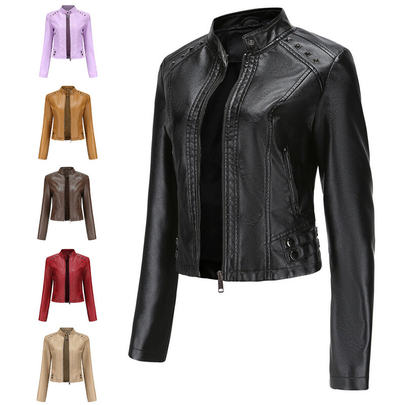 2024 Women's new rivet leather jacket women's spring and autumn jacket long-sleeved women's jacket stand collar fashion jacket