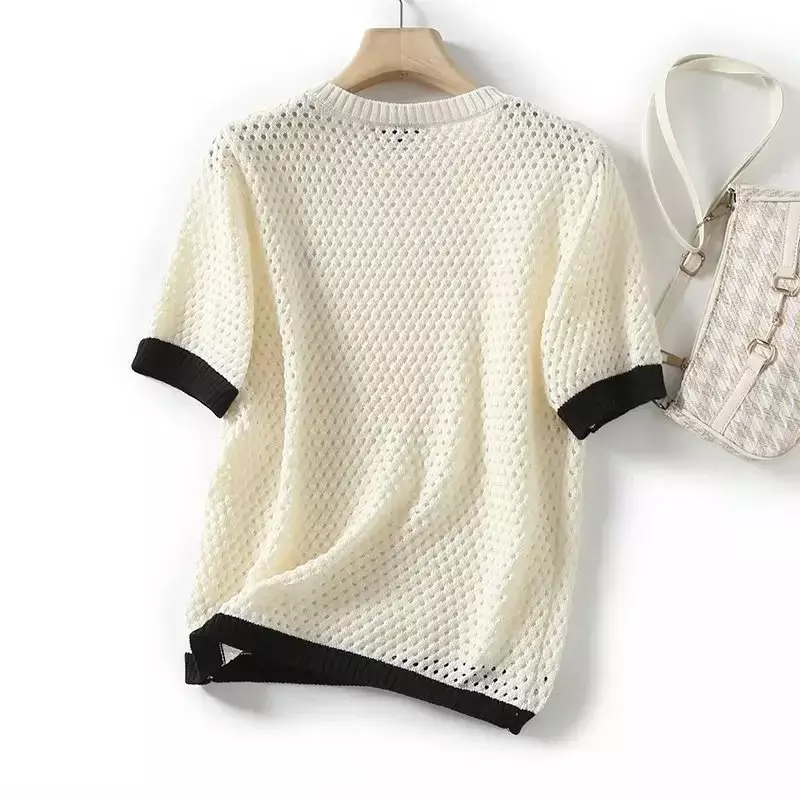 Women's 2023 Fashion New Soft Commuting Style Stitching Hollow Sweater T-shirt Retro Pullover Female Chic Top