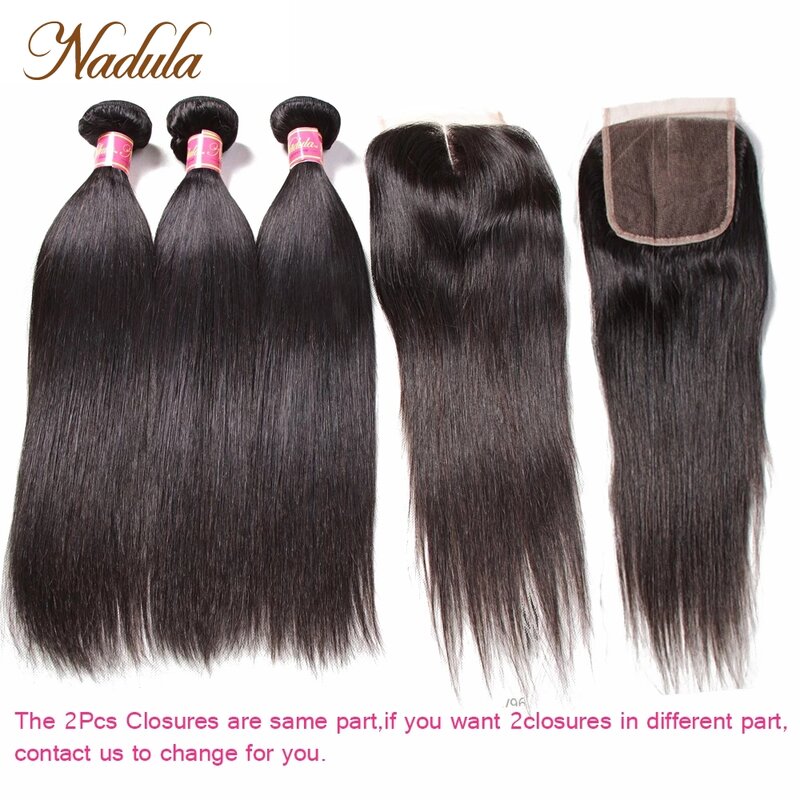 Nadula hair-aplique de cabelo 100% remy, 3 mechas com fechamento de 2 peças, cabelo humano peruano, fechamento reto, 4*4