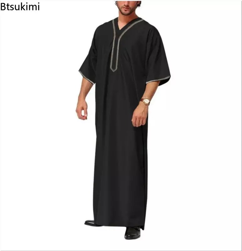 Jubah Kaftan Muslim Setengah Lengan Vintage Pria Pakaian Arab Kain Perca Padat Ubba Motif Leher V Santai Ukuran Plus S-5XL