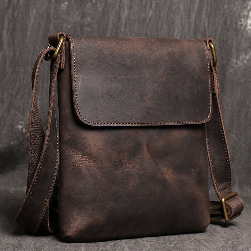 جلد طبيعي حقيبة كتف عادية اليومية للرجال صغيرة بني داكن خمر حقيبة ساعي بريد للرجال موضة جديدة تصميم حقائب بحمالات