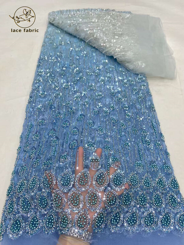 Żółty, afrykański ręcznie robiona tkanina koronka tiul z koralikami 2024 wysokiej jakości tkanina luksusowa francuska z cekinami 3D na suknię ślubną