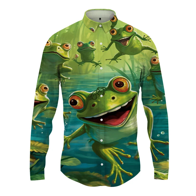 男性のための面白いカエルの3Dプリント長袖シャツ、サポートグラフィックTシャツ、ファッション衣類、ラペルボタントップ