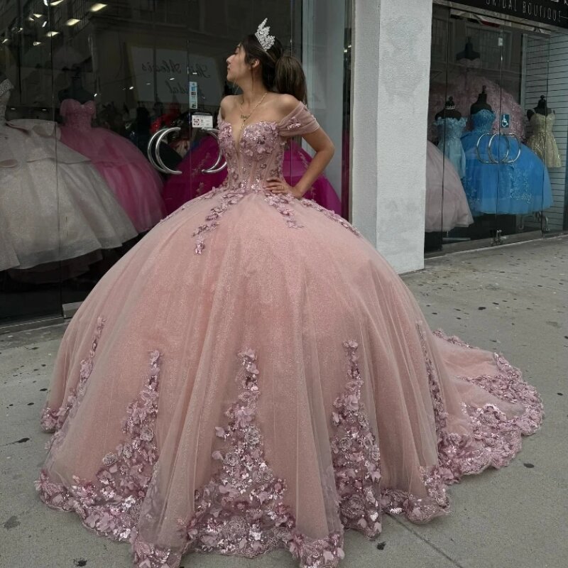 Evlast Luxus rosa Quince anera Kleid Ballkleid Blumen Spitze Applikation Perlen Mexiko Korsett süß 16 vestido de 15 Anos tqd392