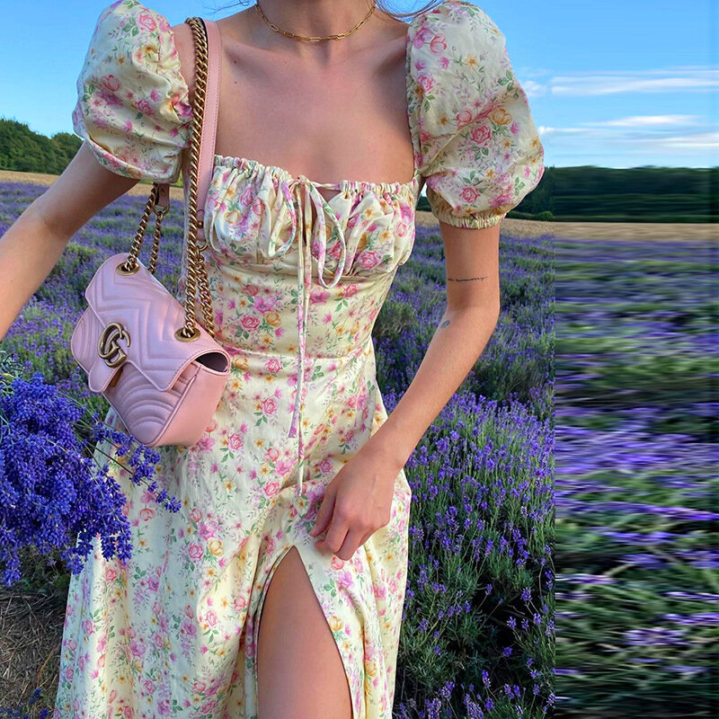 Modne kwiatowe sukienka letnia z nadrukiem 2021 kobiet bufiasty krótki rękaw Casual BOHO z przodu koronowana sukienka w stylu Vintage ubrania imprezowe