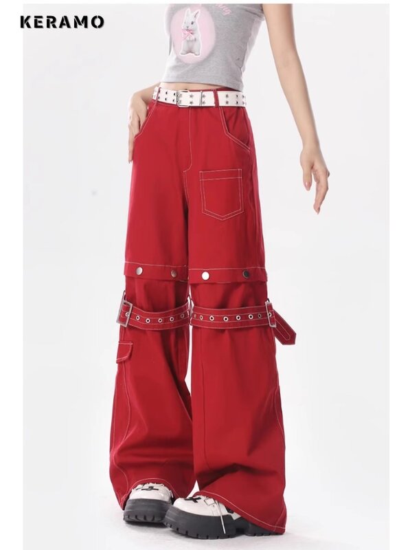 Amerikaanse Retro Rode Hoge Taille Rechte Jeans Voor Dames Hip-Hop Zakken Broek 2024 Lente Casual Y 2K Grunge Street Denim Broek