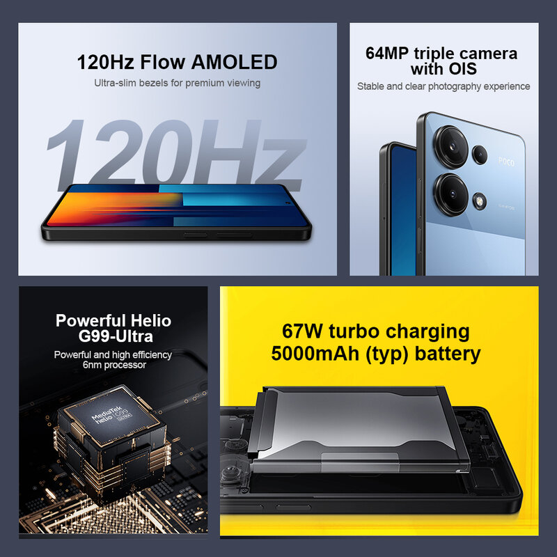 POCO-M6 Versão Global Pro Smartphone, NFC, Helio, G99, Ultra, 6,67 ", Fluxo 120Hz, AMOLED, Câmera Tripla de 64MP, OIS, Carregamento Turbo 67W