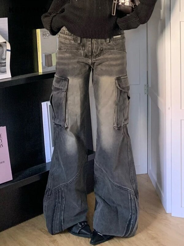 Retro szerokie nogawka damska luźne spodnie jeansowe Harajuku estetyczne wysoki stan luźne jeansy 2024 letnie casualowe kieszenie modne spodnie