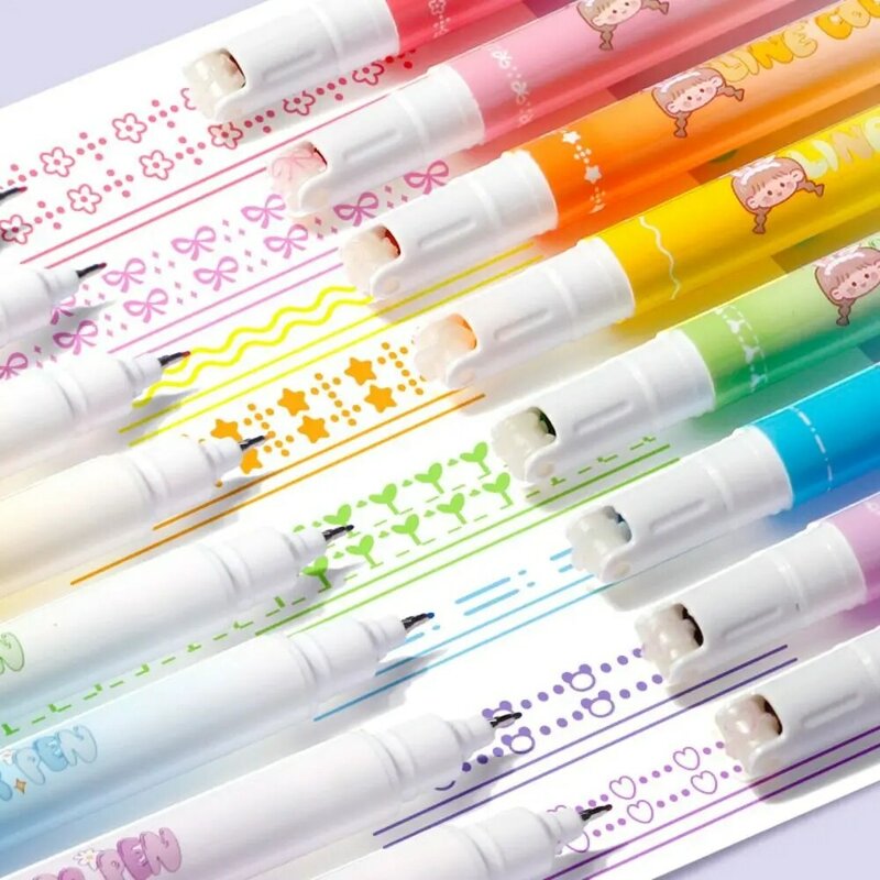 قلم ماركر مخطط مزدوج الرأس ، قلم منحنى نمط خط مضحك ، أشكال متعددة ، لون الكتابة على الجدران ، ديكور حساب اليد ، 8 ألوان