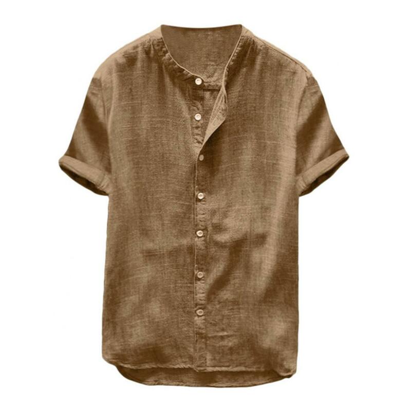 メンズ半袖リネンシャツ,ボタン付きビーチシャツ,単色,ルーズコットン,カジュアル