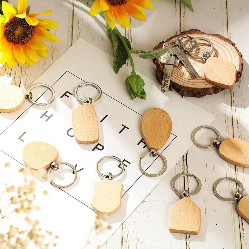 20Pcs Wood Blanks Wooden Keychain Blank Unfinished Wooden Key Tag With Ring Key Chain For DIY Craft