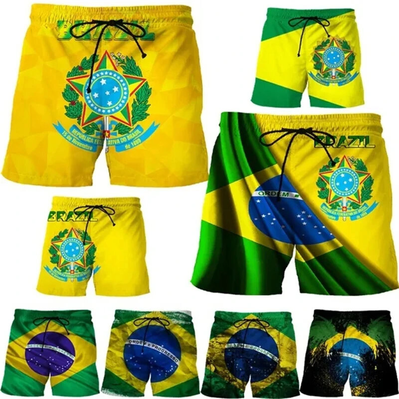 Pantalones cortos de playa con estampado 3D de bandera de Brasil para hombre, bañador de moda con emblema nacional brasileño