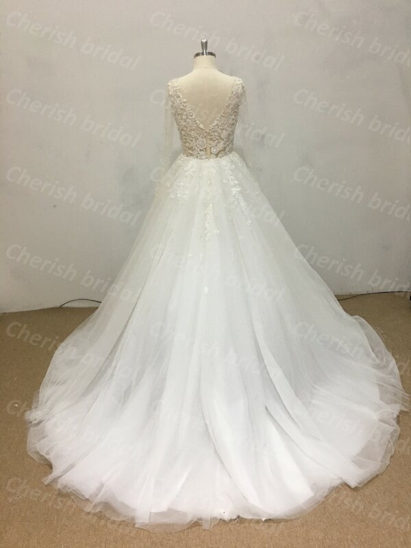 Elegante vestido de noiva manga comprida, vestido nupcial, ilusão volta laço, A linha vestido de noiva, C3010A