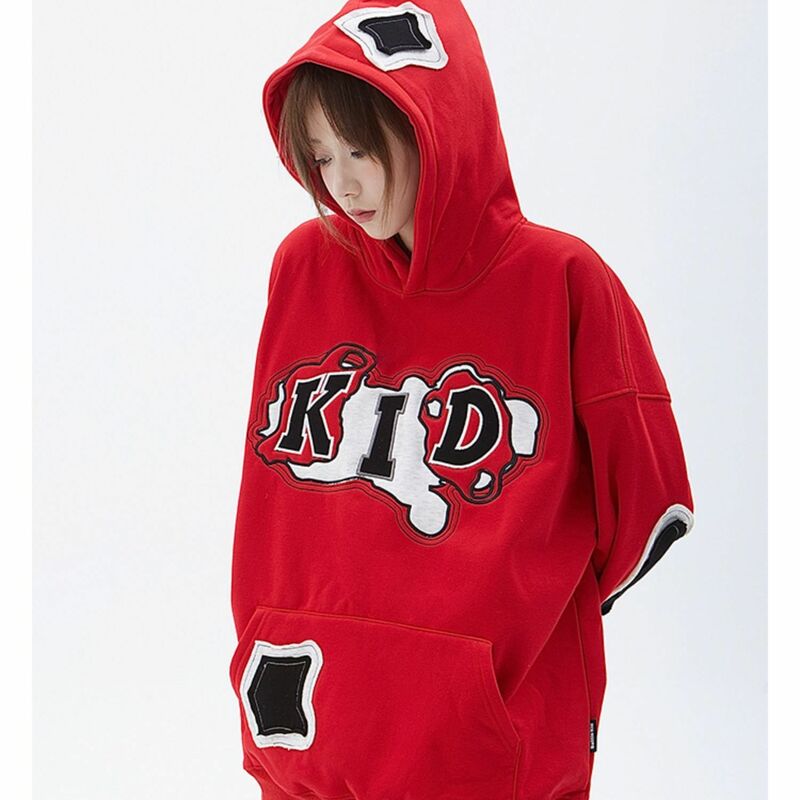 Red pure cotton American cute patchwork letter retro hoodie loose casual versatile hoodie women's autumn and winter top y2k