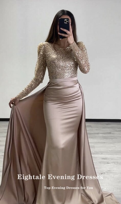 Eightale Sparkly Evening Dress with Detachable Skirt Long Sleeves Custom made Mermaid Prom Party Gowns robe de soirée femme