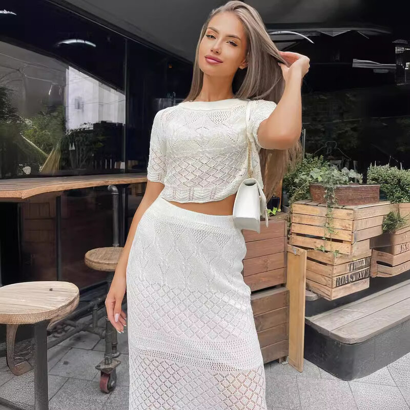 Knitted White Short-sleeved Skirt Suit, High Waist, Hip-covering, Slimming Skirt, Gentle, Sweet, Sexy And Slim Two-piece Set