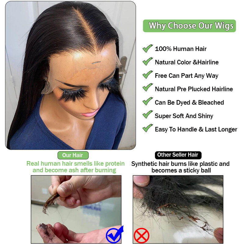Straight Full Lace Frontal Wig, Glueless perucas, cabelo humano, pronto para usar, 30 Polegada, HD, 13x6, 360